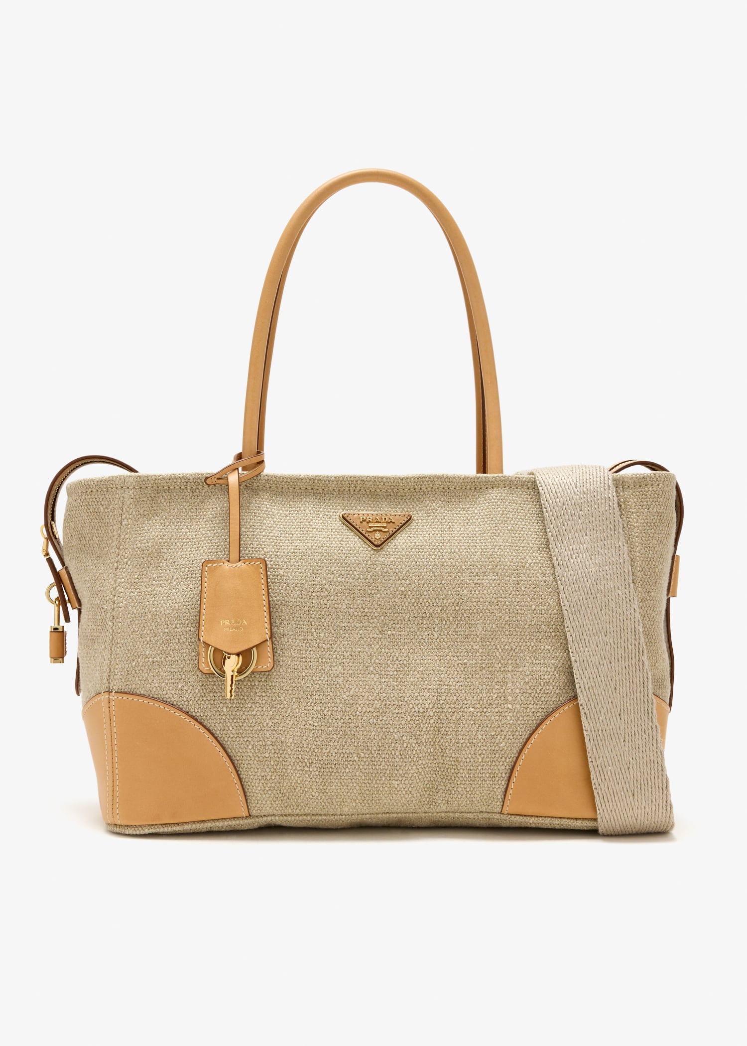 Large linen and leather tote bag, Beige
Large linen and leather tote bag, Beige