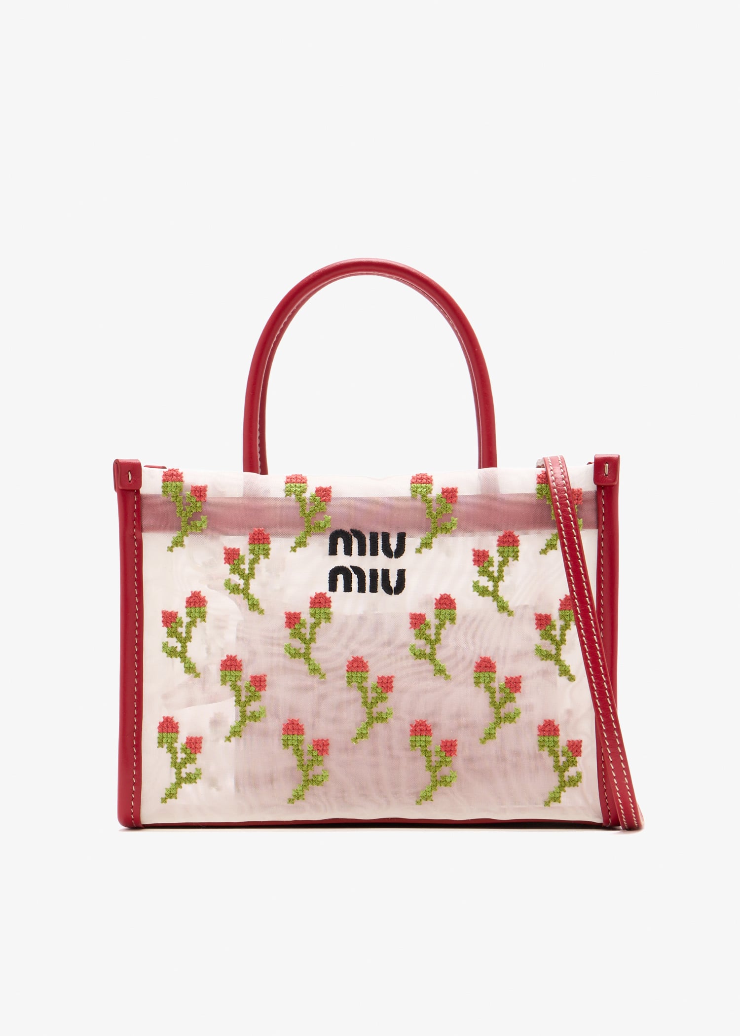 Embroidered mesh top-handle bag, White
Embroidered mesh top-handle bag, White