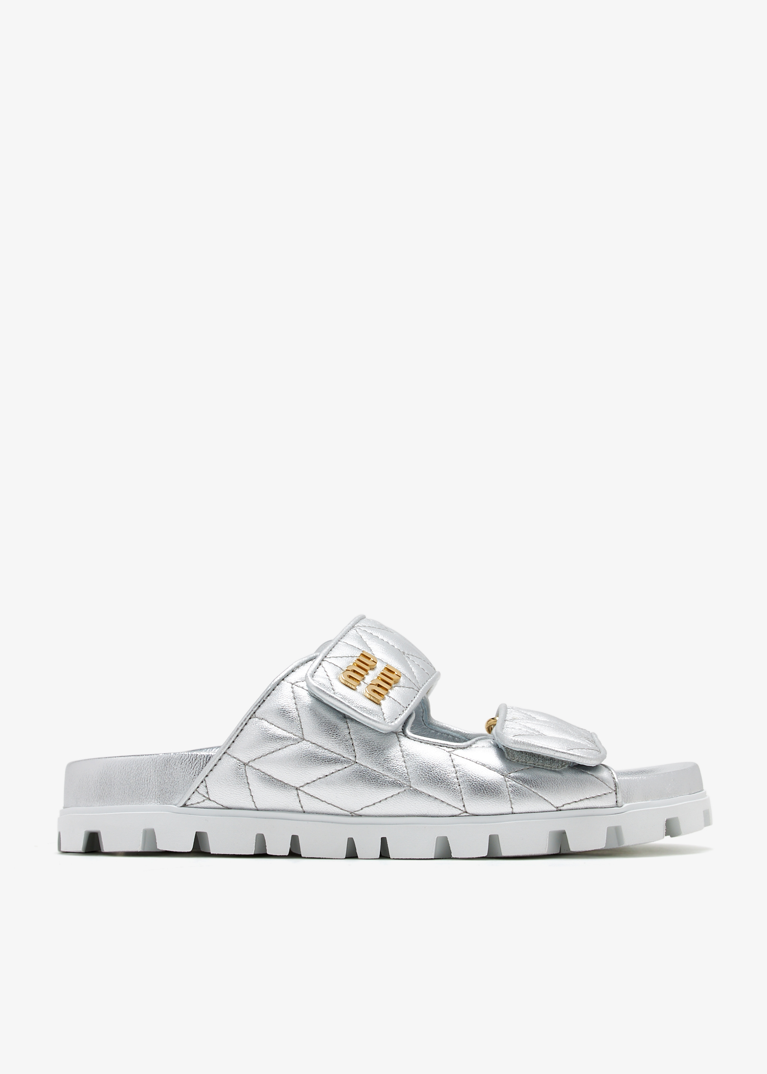 Metallic matelassé nappa leather slides, Silver
Metallic matelassé nappa leather slides, Silver