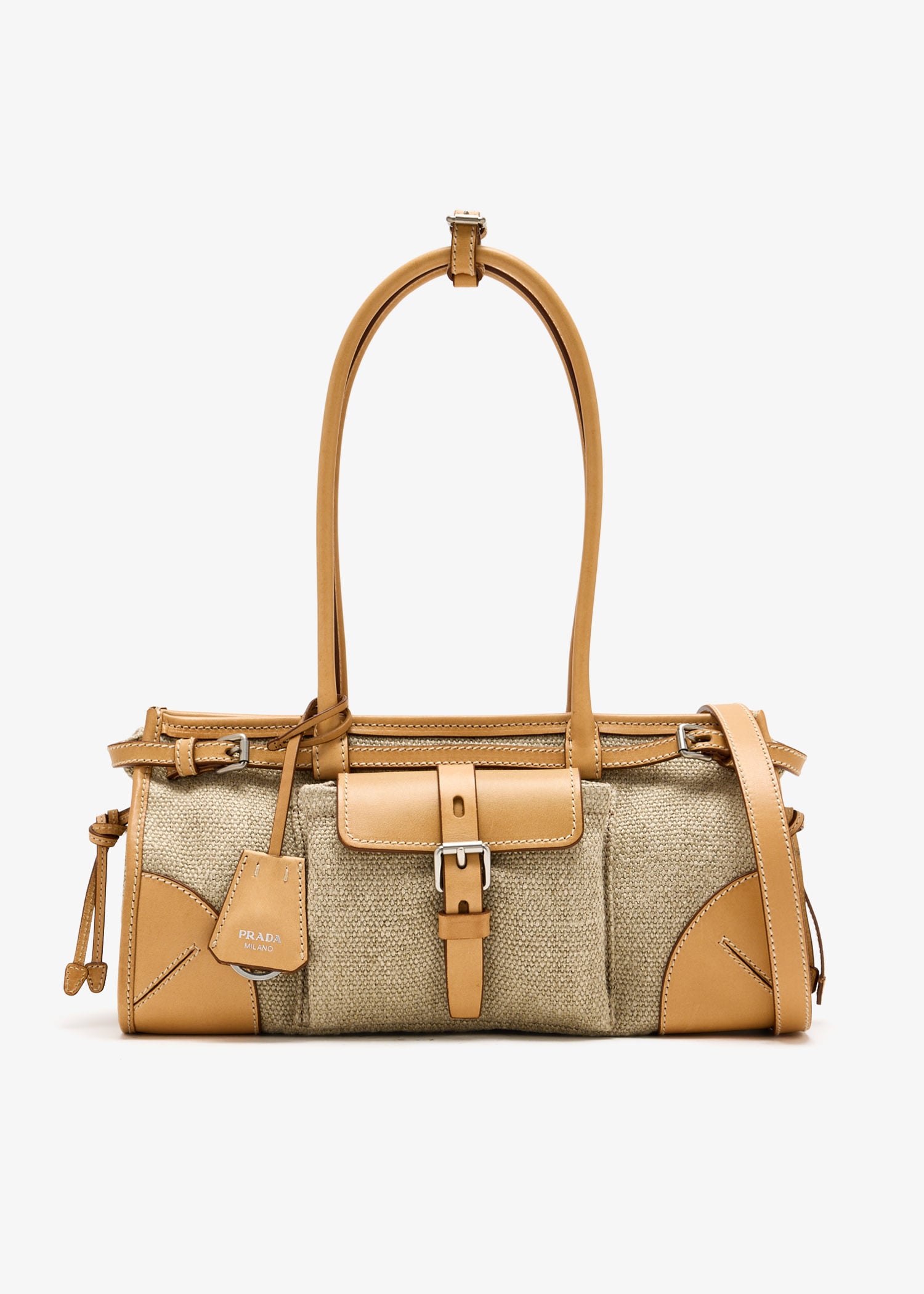 

Prada Bonnie medium linen and leather handbag, Beige