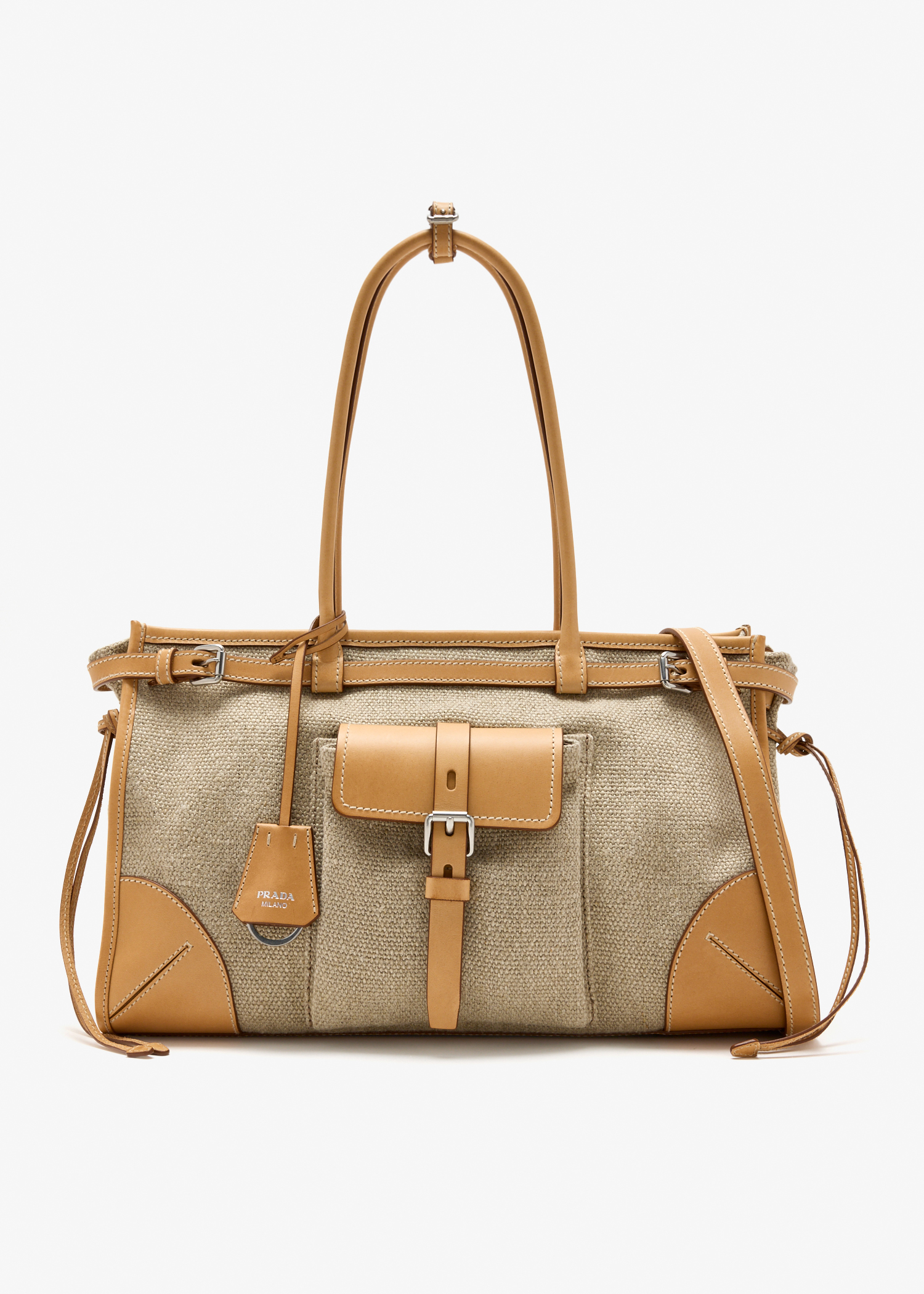 

Prada Bonnie linen and leather tote bag, Brown