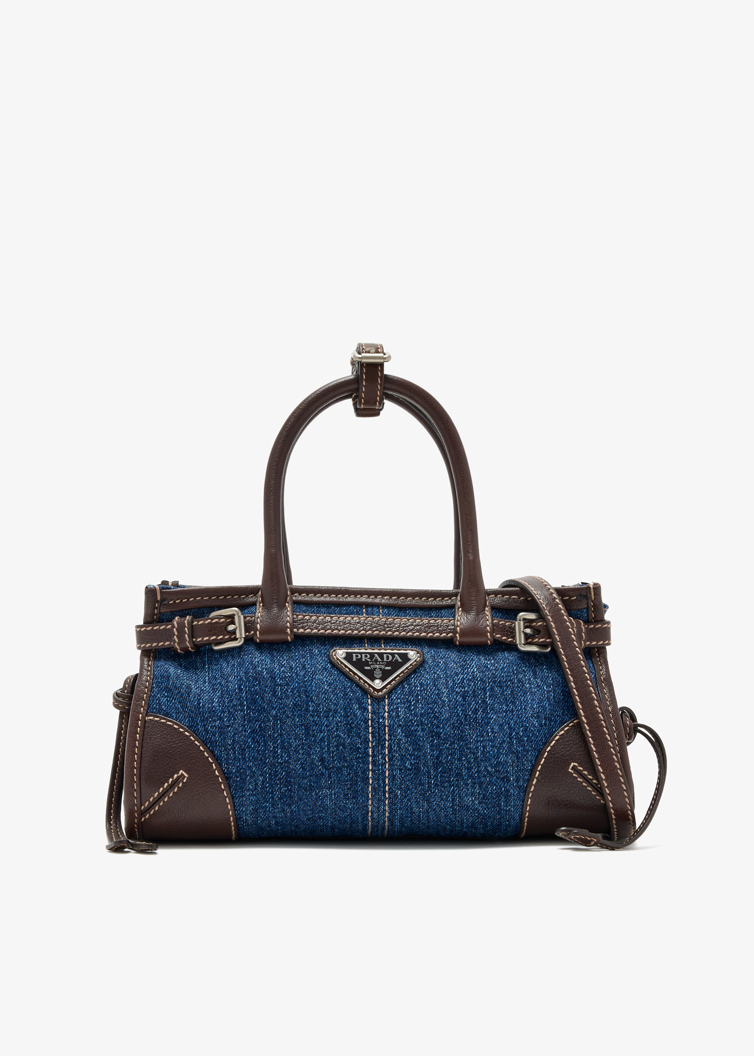 

Prada Bonnie mini denim and leather handbag, Blue
