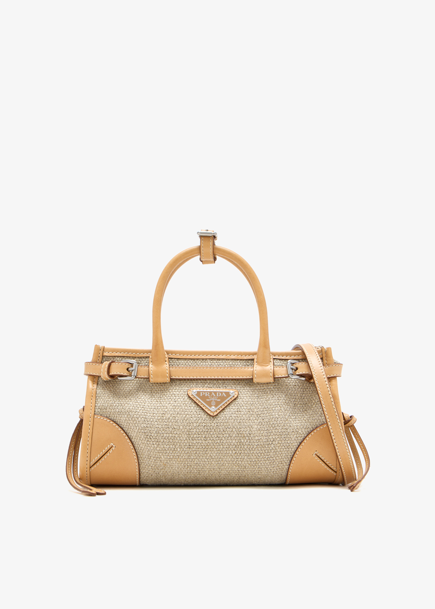 

Prada Bonnie mini linen and leather handbag, Beige