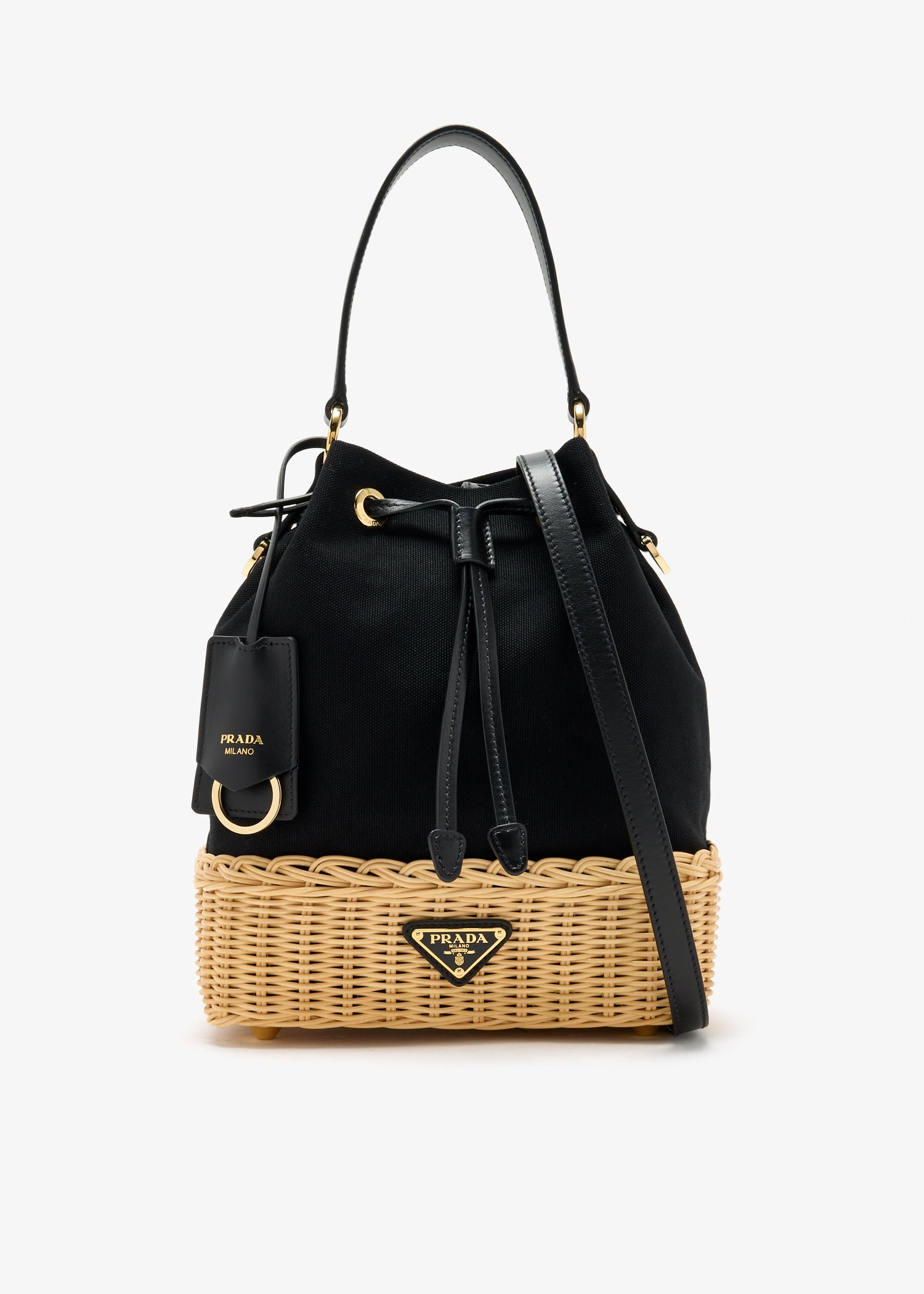 

Wicker and canvas bucket bag, Black