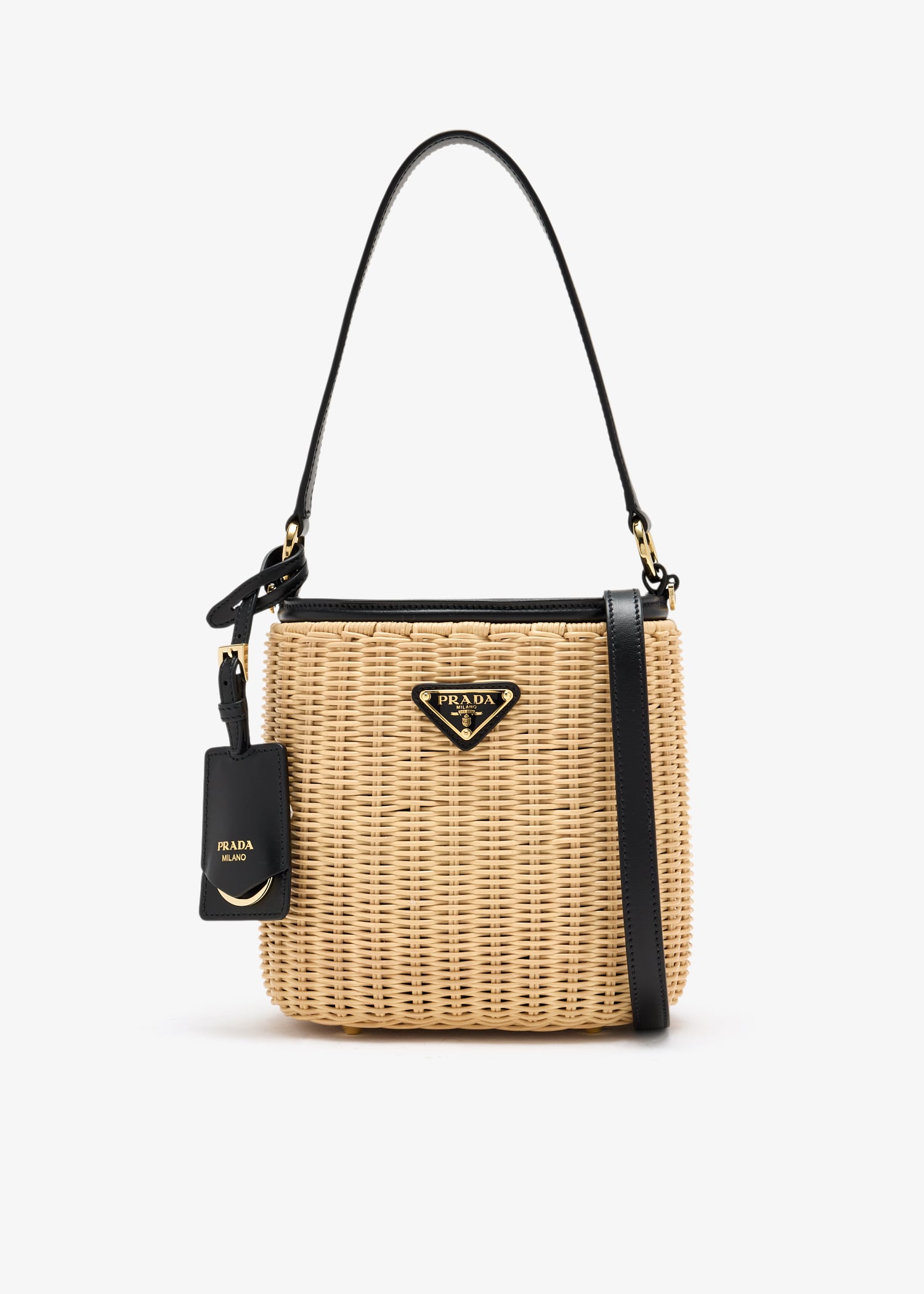 

Wicker and leather bucket bag, Beige