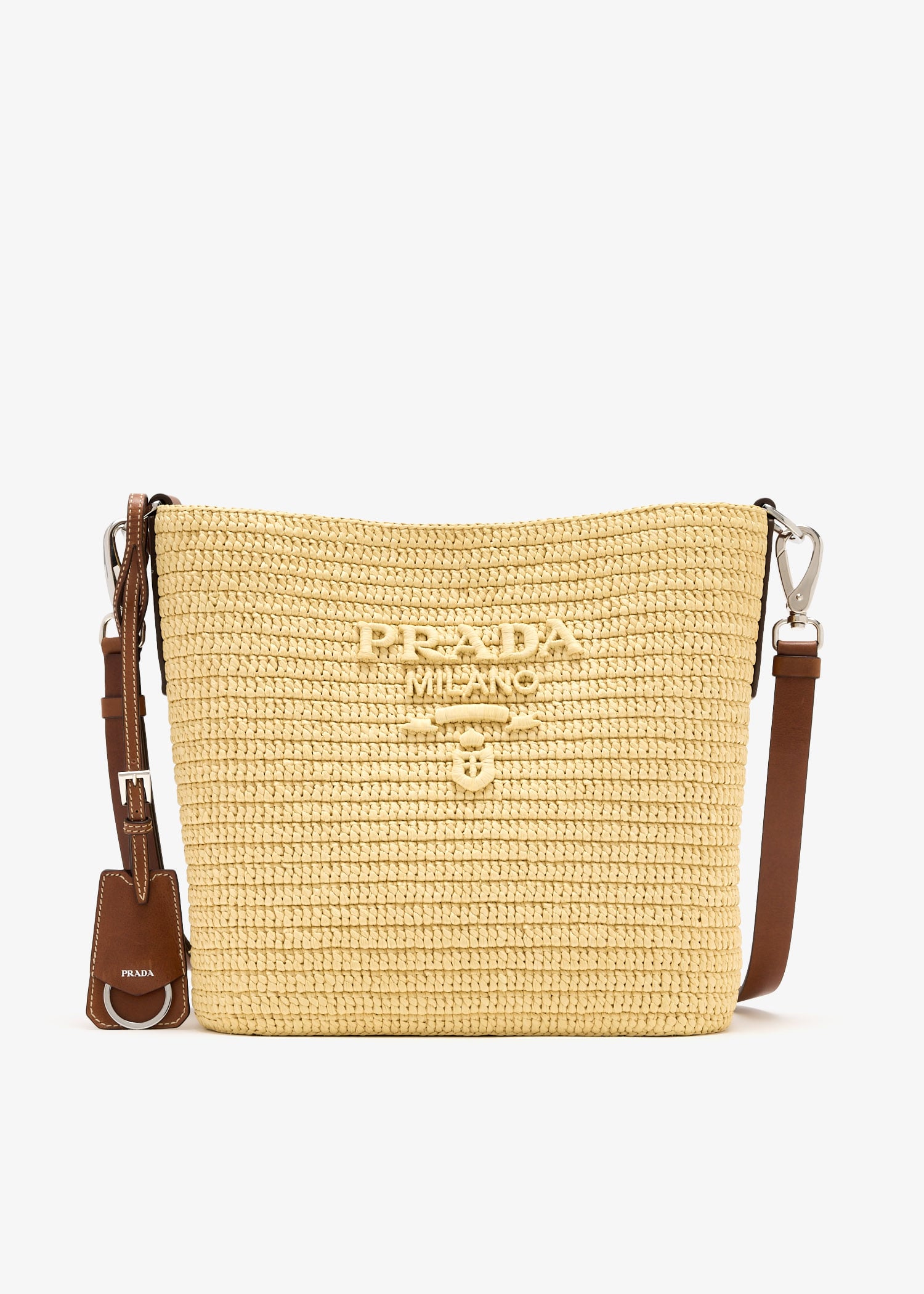

Small crochet and leather bucket bag, Beige