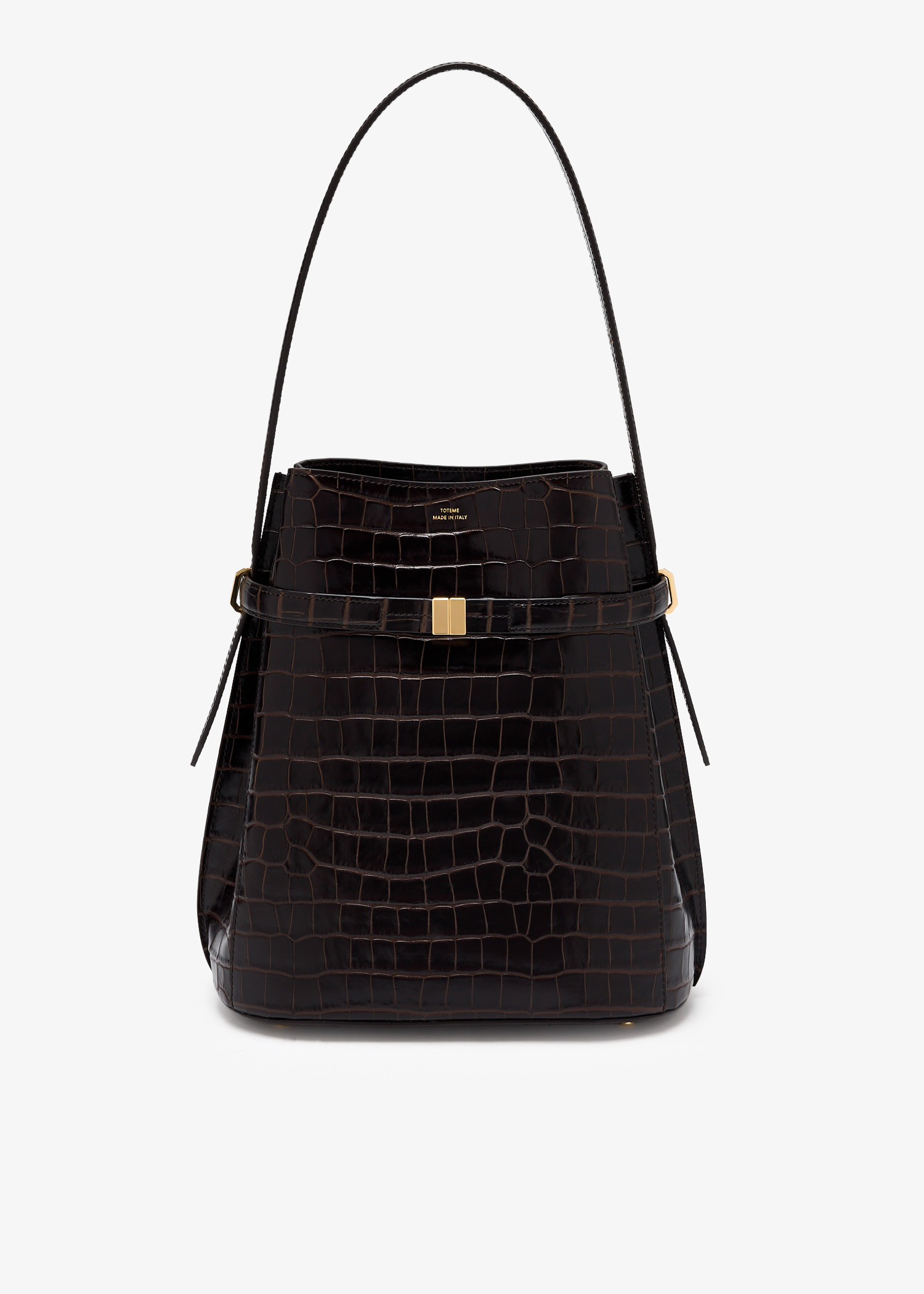 

Belted croc-embossed bucket bag, Brown