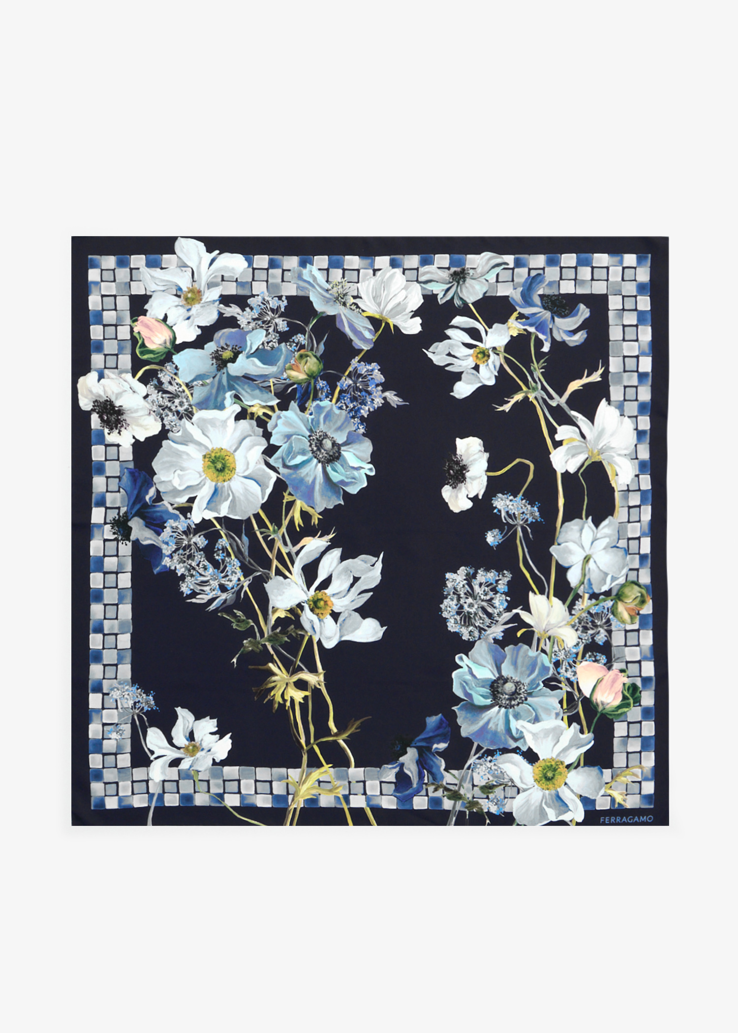 

Fiori print silk scarf, Navy