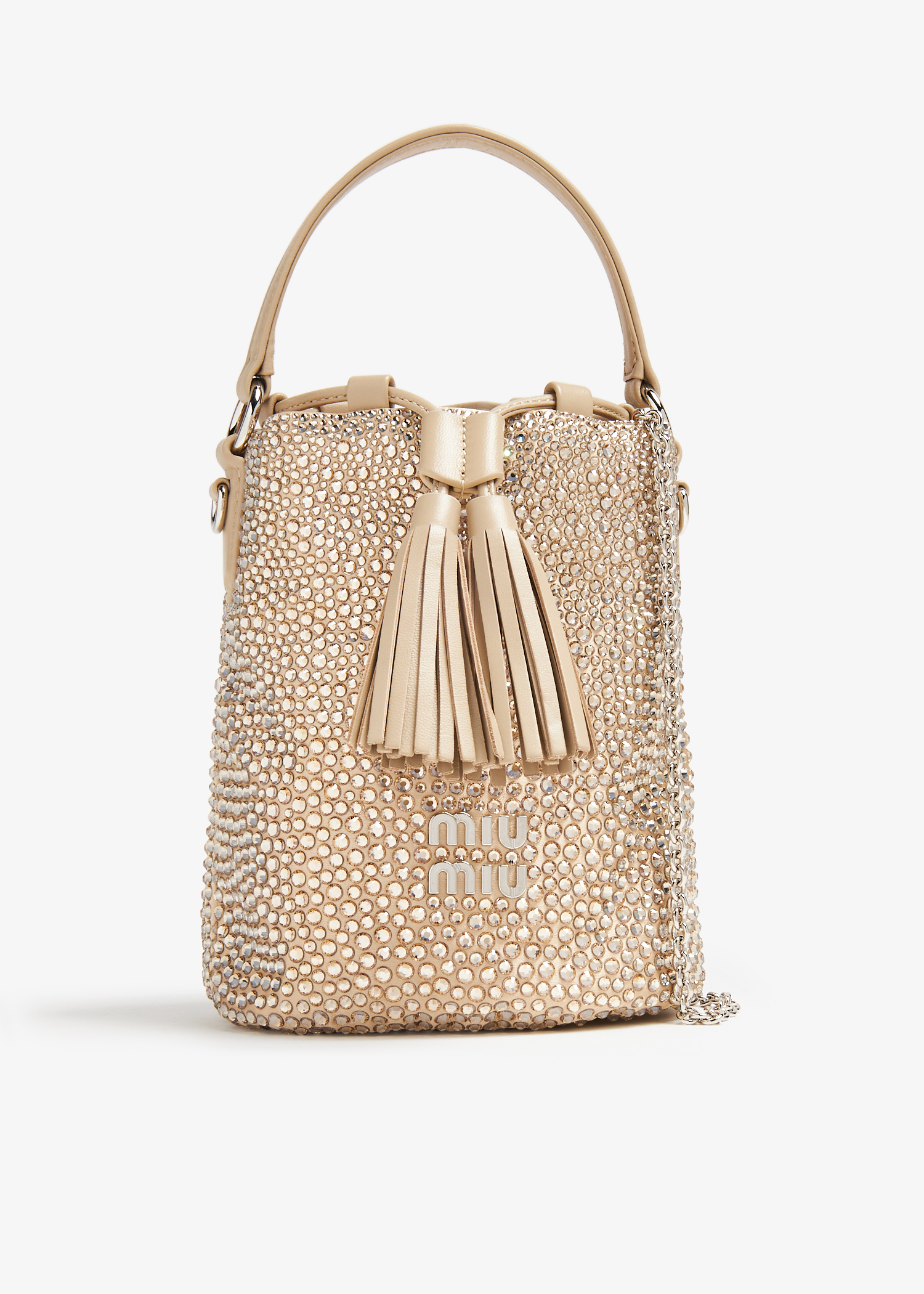 

Satin crystal bucket bag, Beige