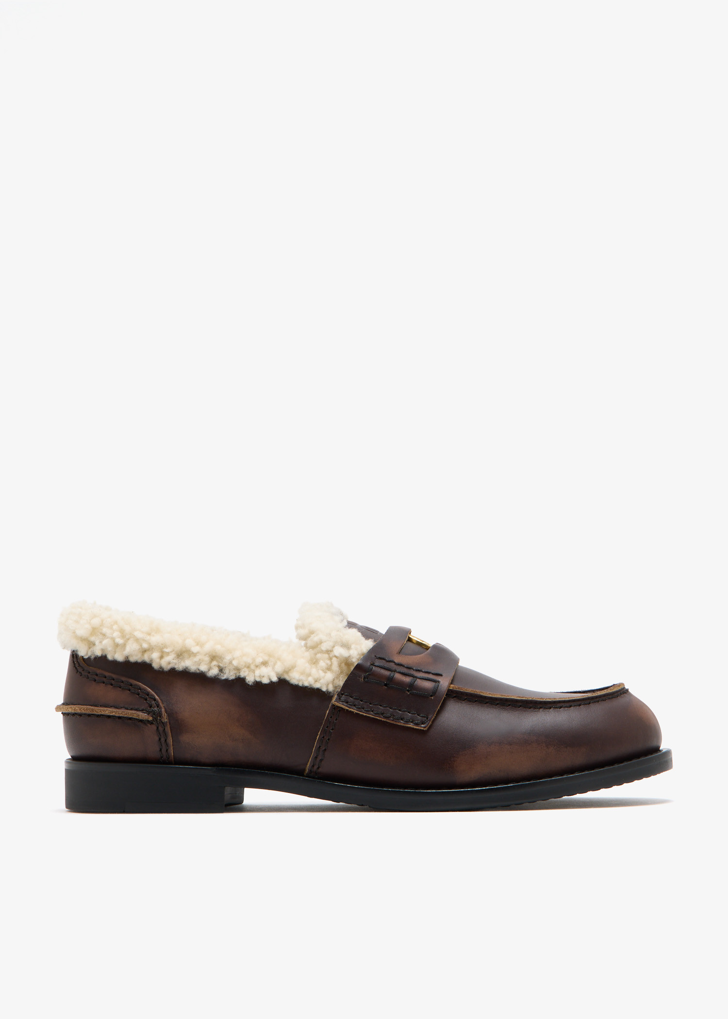 

Bleached leather and shearling penny loafers, Brown