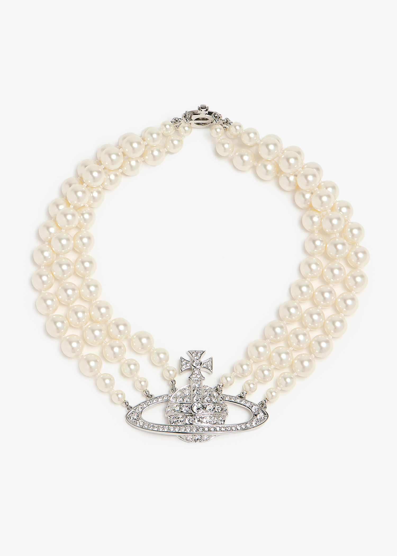 

Three row pearl bas relief choker, White