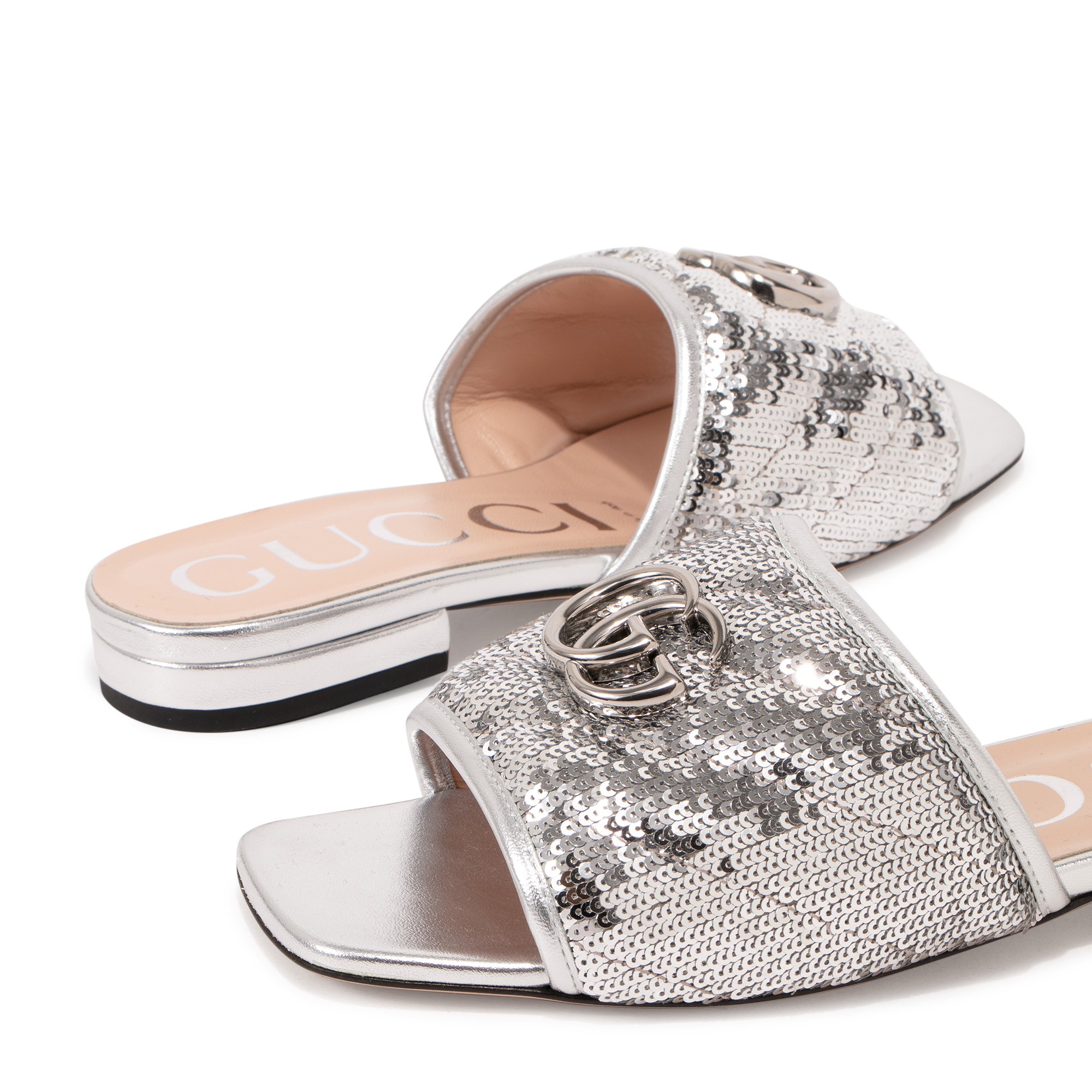 

GG sequin flat sandals, Silver