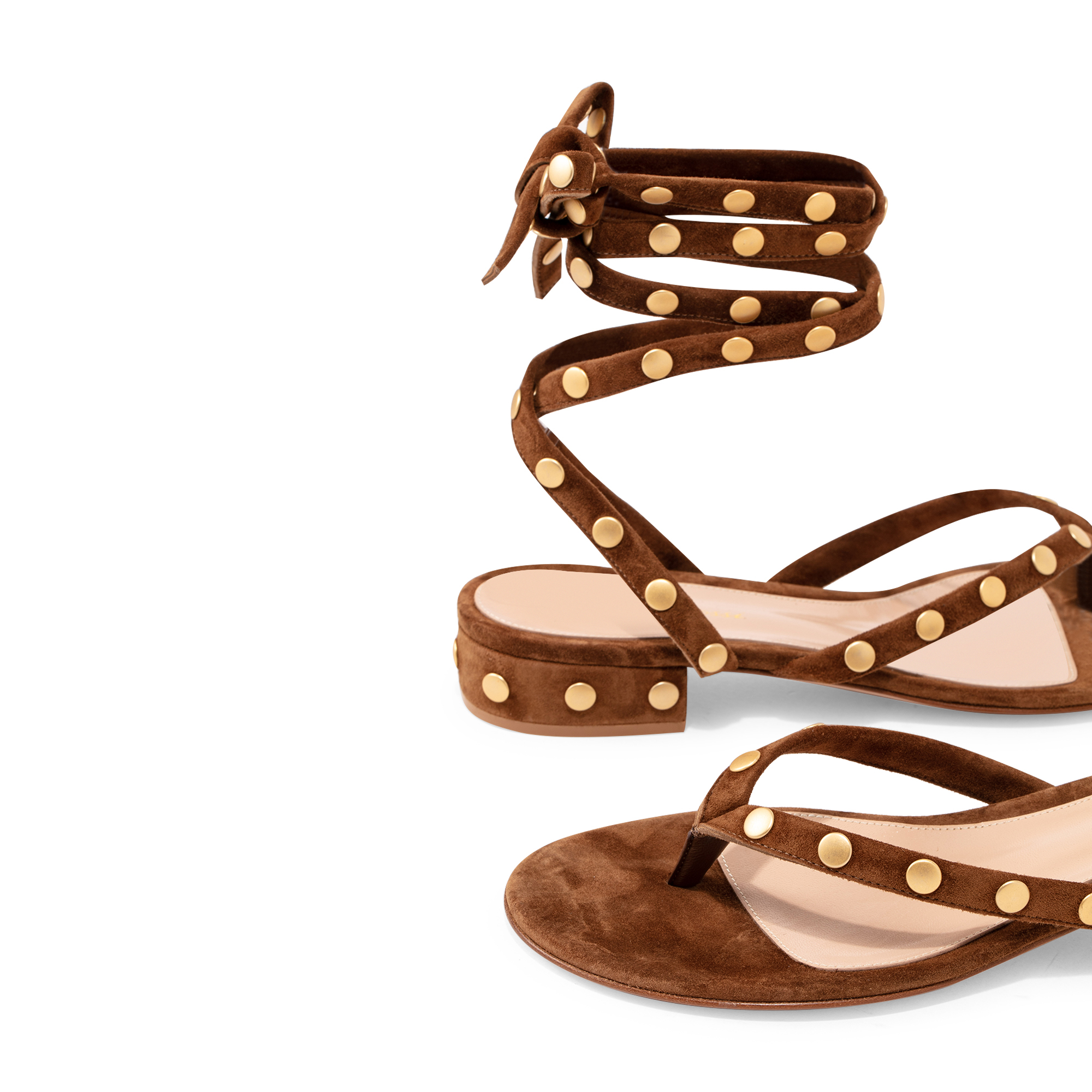 

Wraparound suede stud sandals, Brown