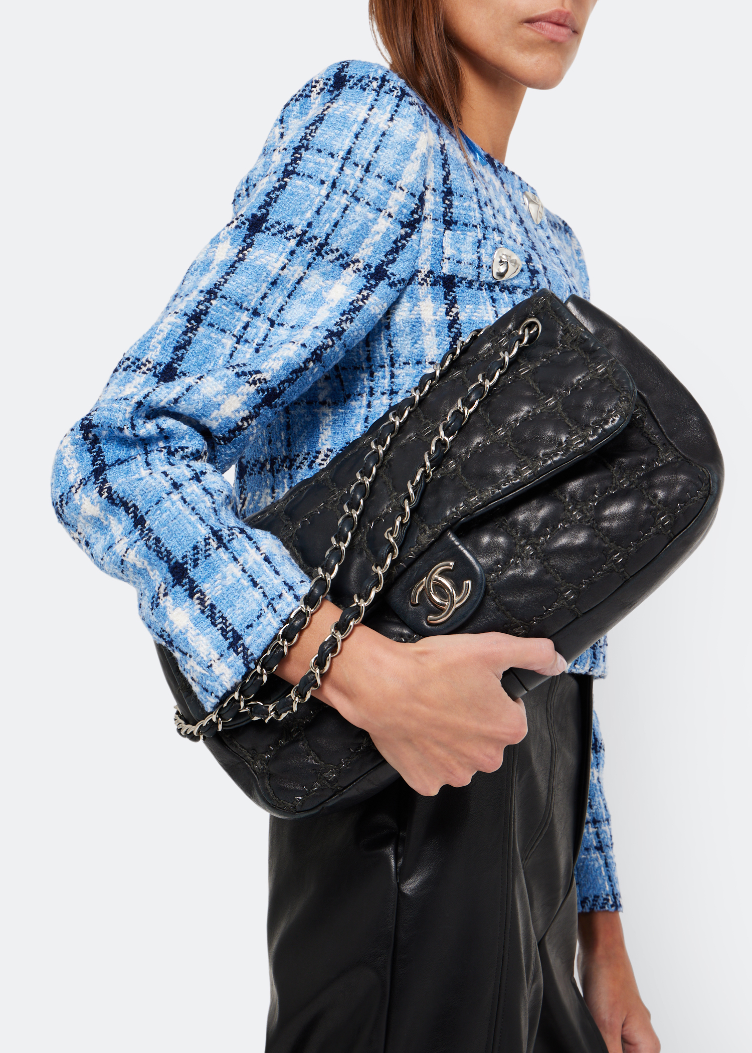 

Maxi tweed double stitch flap bag, Black