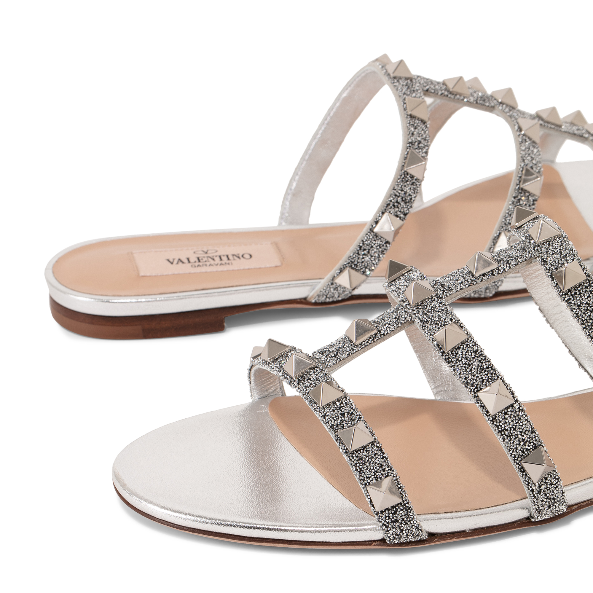 

Rockstud flat slide sandals, Silver